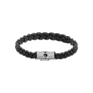 BRACELET ACIER ET CUIR BOVIN TRESSE NOIR  20CM