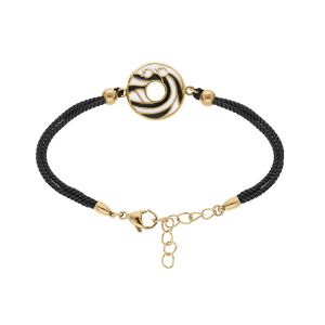 BRACELET ACIER DORÉ JAUNE STELLA MIA RÉSINE BLANCHE ET NOIRE CORDON NOIR 16+3CM