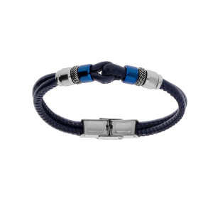 BRACELET ACIER ET CUIR BOVIN NOIR DOUBLE RANG MOTIF BOUCLE ET RONDELLE PVD BLEU 16.5CM RÉGLABLE