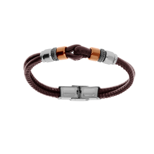 BRACELET ACIER ET CUIR BOVIN MARRON DOUBLE RANG MOTIF BOUCLE ET RONDELLES PVD ROSE  16.5CM RÉGLABLE