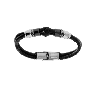 BRACELET ACIER ET CUIR NOIR BOVIN DOUBLE RANG MOTIF BOUCLE ET RONDELLE PVD NOIR 16.5CM RÉGLABLE