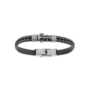 BRACELET ACIER JUNIOR  TISSU NOIR ET GRIS MOTIF ANCRE MARINE 16.5CM