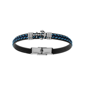 BRACELET ACIER JUNIOR TISSU NOIR ET BLEU MOTIF ANCRE MARINE 16.5CM