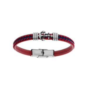 BRACELET ACIER JUNIOR TISSU ROUGE ET BLEU MOTIF ANCRE MARINE 16.5CM