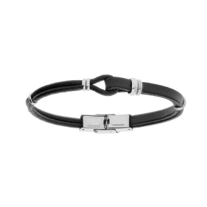 BRACELET ACIER ET CUIR BOVIN NOIR JUNIOR AVEC BOUCLE 16.5CM RÉGLABLE