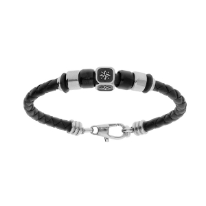 BRACELET ACIER ET CUIR TRESSE BOVIN NOIR CUBE MOTIF ETOILE RONDELLES PVD NOIR 14.5CM+2.5CM