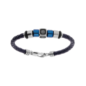 BRACELET ACIER ET CUIR TRESSE BOVIN NOIR CUBE MOTIF ROUE DE BATEAU RONDELLES PVD BLEU 14.5CM+2.5CM