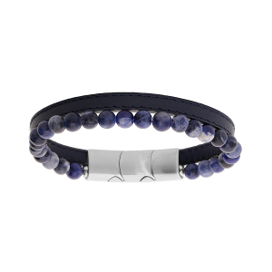 BRACELET ACIER CUIR BOVIN BLEU ET PERLES SODALITE 6MM 19.5CM + 1CM DOUBLE FERMOIR