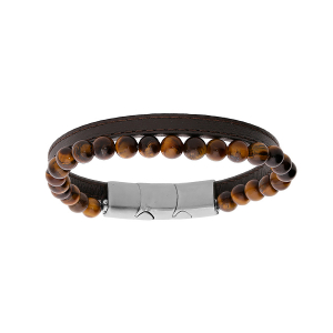 BRACELET ACIER CUIR BOVIN MARRON ET PERLES OEIL DE TIGRE 6MM  19.5CM + 1CM DOUBLE FERMOIR
