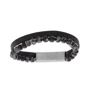 BRACELET ACIER CUIR BOVIN NOIR ET PERLES ONYX 6MM 19.5CM + 1CM DOUBLE FERMOIR