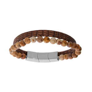 BRACELET ACIER CUIR BOVIN MARRON CLAIR ET BOULES PAÉSINE 6MM  19.5CM + 1CM DOUBLE FERMOIR