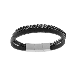 BRACELET ACIER CUIR BOVIN NOIR ET MAILLE GOURMETTE ASPECT VIEILLI  20CM +1CM DOUBLE FERMOIR