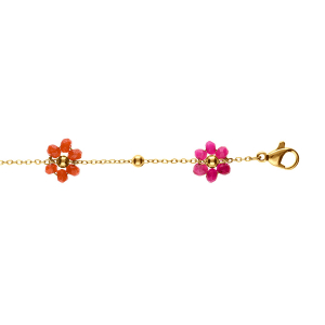 BRACELET ACIER DORÉ CHAINE BOULES ET FLEURS MULTI COULEURS JADE ET QUARTZ VÉRITABLE 16+3CM