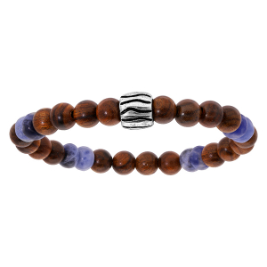 BRACELET ACIER EXTENSIBLE PERLES BOIS ET QUARTZ BLEU PETIT MODELE