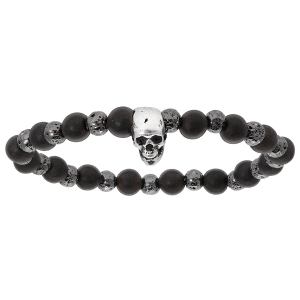 BRACELET ACIER EXTENSIBLE BOIS NOIR ET PIERRE DE LAVE GALAVNIQUE AVEC TETE DE MORT PETIT MODELE