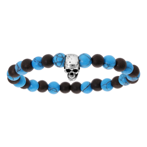 BRACELET ACIER EXTENSIBLE BOULES SYNTHÉTIQUES BLEUES ET NOIRES AVEC TETE DE MORT PETIT MODELE