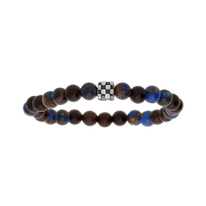 BRACELET ACIER EXTENSIBLE PERLES BOIS ET QUARTZ MARRON ET BLEU AVEC CUBE  PETIT MODELE