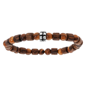 BRACELET ACIER EXTENSIBLE PERLES BOIS MARRON ET MOTIF PETIT MODELE