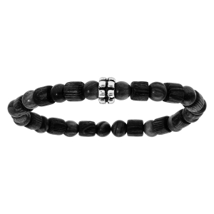 BRACELET ACIER EXTENSIBLE PERLES BOIS NOIR ET MOTIF PETIT MODELE