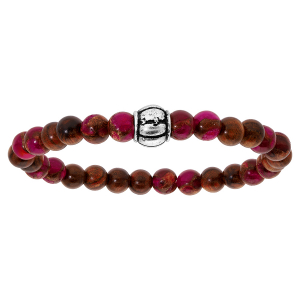 BRACELET ACIER EXTENSIBLE PERLES BOIS ET QUARTZ ROSE ET MOTIF  PETIT MODELE