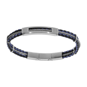 BRACELET ACIER CORDON BLEU ET NOIR ET CABLE GRIS 20+1CM  DOUBLE FERMOIR