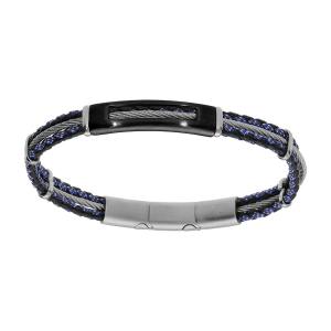 BRACELET ACIER CORDON BLEU ET NOIR ET CABLE GRIS ET PVD NOIR  20+1CM DOUBLE FERMOIR