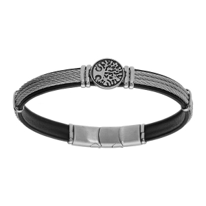 BRACELET ACIER ET CUIR BOVIN NOIR 3 RANGS CABLE GRIS ET MOTIF ARBRE DE VIE 20+1CM DOUBLE FERMOIR