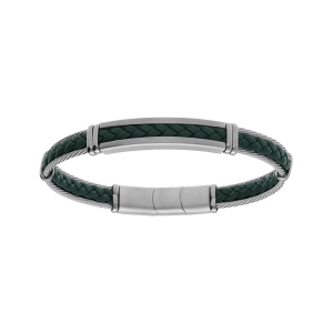 BRACELET ACIER ET CUIR BOVIN NOIR ET TRESSE VERTE AVEC CABLE GRIS 20+1CM DOUBLE FERMOIR