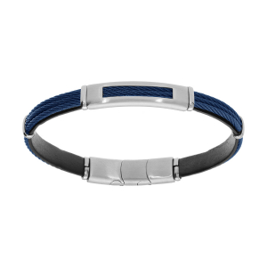 BRACELET ACIER ET CUIR BOVIN NOIR 3 CABLES BLEUS 20+1CM DOUBLE FERMOIR