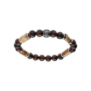 BRACELET ACIER EXTENSIBLE BOULES OEIL DE TIGRE MARRON VÉRITABLE ET MOTIF PAESINA