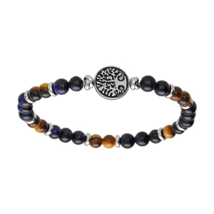 BRACELET ACIER EXTENSIBLE BOULES OEIL DE TIGRE ET SODALITE VÉRITABLE MOTIF ARBRE DE VIE