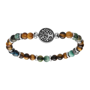 BRACELET ACIER EXTENSIBLE BOULES OEIL DE TIGRE MOTIF ARBRE DE VIE