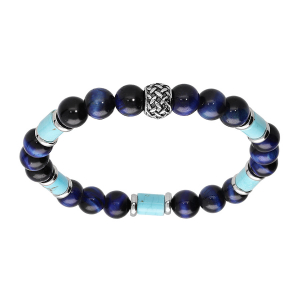 BRACELET ACIER EXTENSIBLE BOULES SODALITE VÉRITABLE ET MOTIF TURQUOISE IMITATION