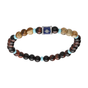 BRACELET ACIER EXTENSIBLE BOULES OEIL DE TIGRE ET PAESINA  AVEC RONDELLES TURQUOISE IMITATION