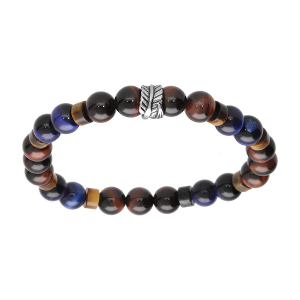 BRACELET ACIER EXTENSIBLE BOULES OEIL DE TIGRE ET SODALITE BLEU IMITATION