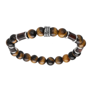 BRACELET ACIER EXTENSIBLE BOULES OEIL DE TIGRE MARRON VÉRITABLE