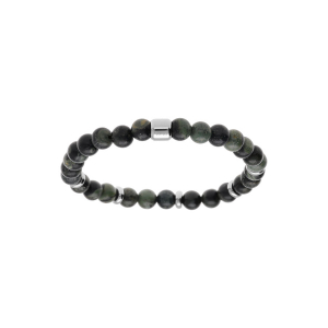 BRACELET EXTENSIBLE BOULES JASPE VÉRITABLE VERT KAKI ET RONDELLES ACIER 60MM
