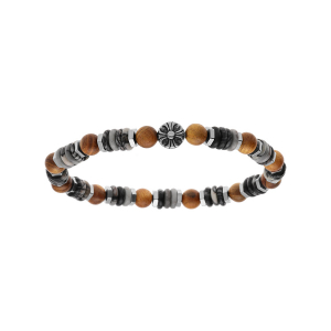 BRACELET EXTENSIBLE BOULES IMITATION BOIS ET RONDELLES RHODOCHROSITE  MOTIF ACIER 60MM