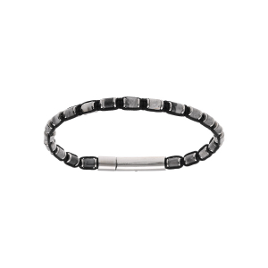 BRACELET ACIER CORDON NOIR ET AGATE NOIR VÉRITABLE TUBE PIERRES BLANCHES 20CM