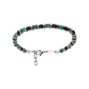 BRACELET ACIER RONDELLES BOULES OEIL DE TIGRE VÉRITABLE BLEU ET VERT 20+3CM