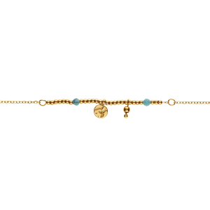 BRACELET ACIER DORÉ PAMPILLES PASTILLE LISSE ET BOULE ET 2 BOULES BLEU 16+3CM
