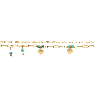 BRACELET ACIER DORÉ 2 RANGS COEURS LISSES ET PERLES AGATE VÉRITABLE BLEU 16+3CM