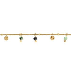 BRACELET ACIER DORÉ PAMPILLES PASTILLES ET BOULES COULEUR ET MALACHITE VÉRITABLE  16+3CM