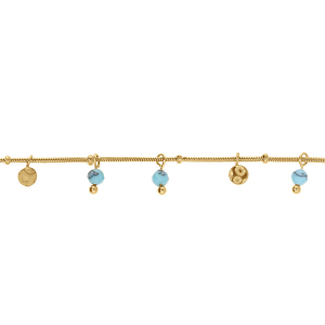 BRACELET ACIER DORÉ PAMPILLES PASTILLES ET BOULES TURQUOISE RECONSTITUÉE  16+3CM