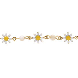 BRACELET ACIER DORÉ FLEURS RÉSINE SYNTHETIQUE ET BOULES NACRE BLANCHE VÉRITABLE 16+3CM