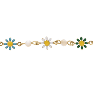 BRACELET ACIER DORÉ FLEURS RÉSINE MULTI COULEURS  ET BOULES NACRE BLANCHE VÉRITABLE 16+3CM