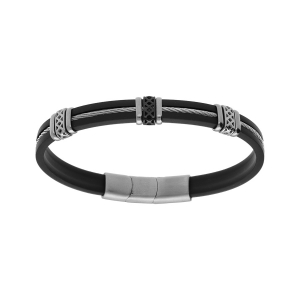 BRACELET ACIER ET CAOUTCHOUC CABLE GRIS AVEC MOTIF FERMOIR AIMANTÉ 20+1.5CM DOUBLE FERMOIR