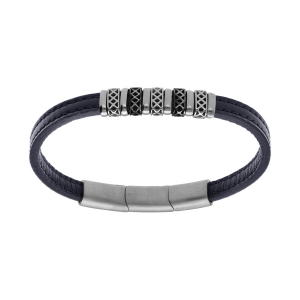 BRACELET ACIER ET CUIR BOVIN BLEU MOTIF FERMOIR AIMANTÉ 20+1.5CM DOUBLE FERMOIR