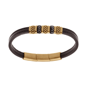 BRACELET ACIER DORÉ ET CUIR BOVIN MARRON MOTIF FERMOIR AIMANTÉ 20+1.5CM REGLABLE