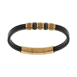 BRACELET ACIER DORÉ ET CUIR BOVIN NOIR MOTIF FERMOIR AIMANTÉ 20+1.5CM REGLABLE